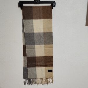 Sutton Studio Beige, Brown & Black Plaid Fringe Scarf 100% Cashmere